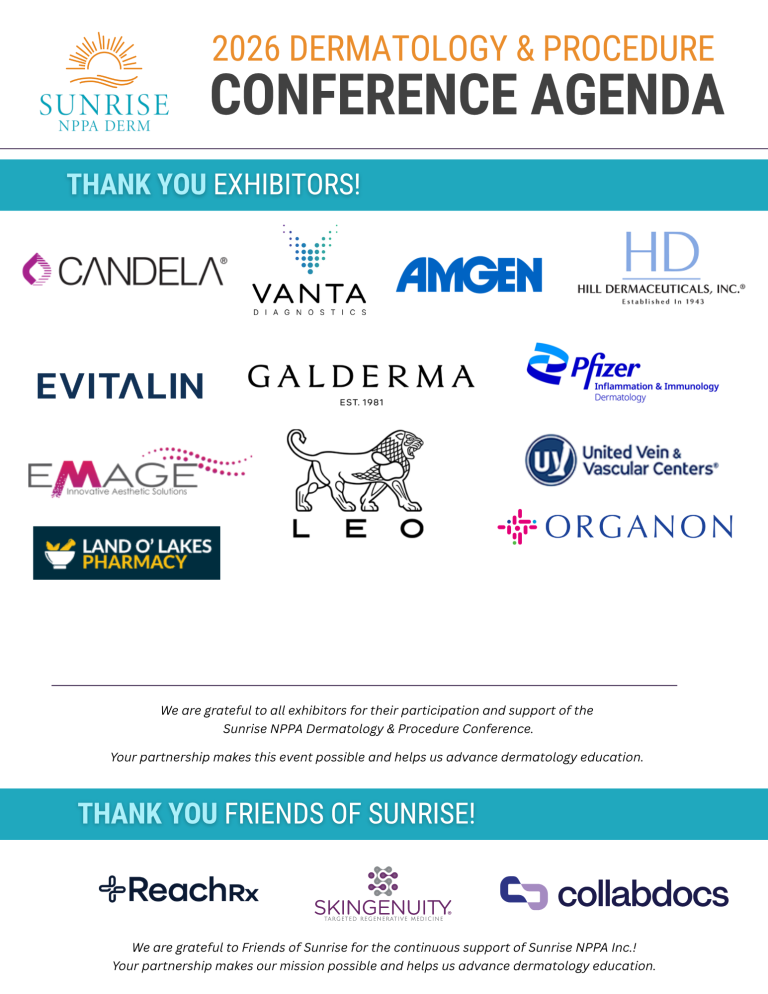 Thank you to more of the Sunrise NPPA Derm Conference Sponsors for the 2026 conference