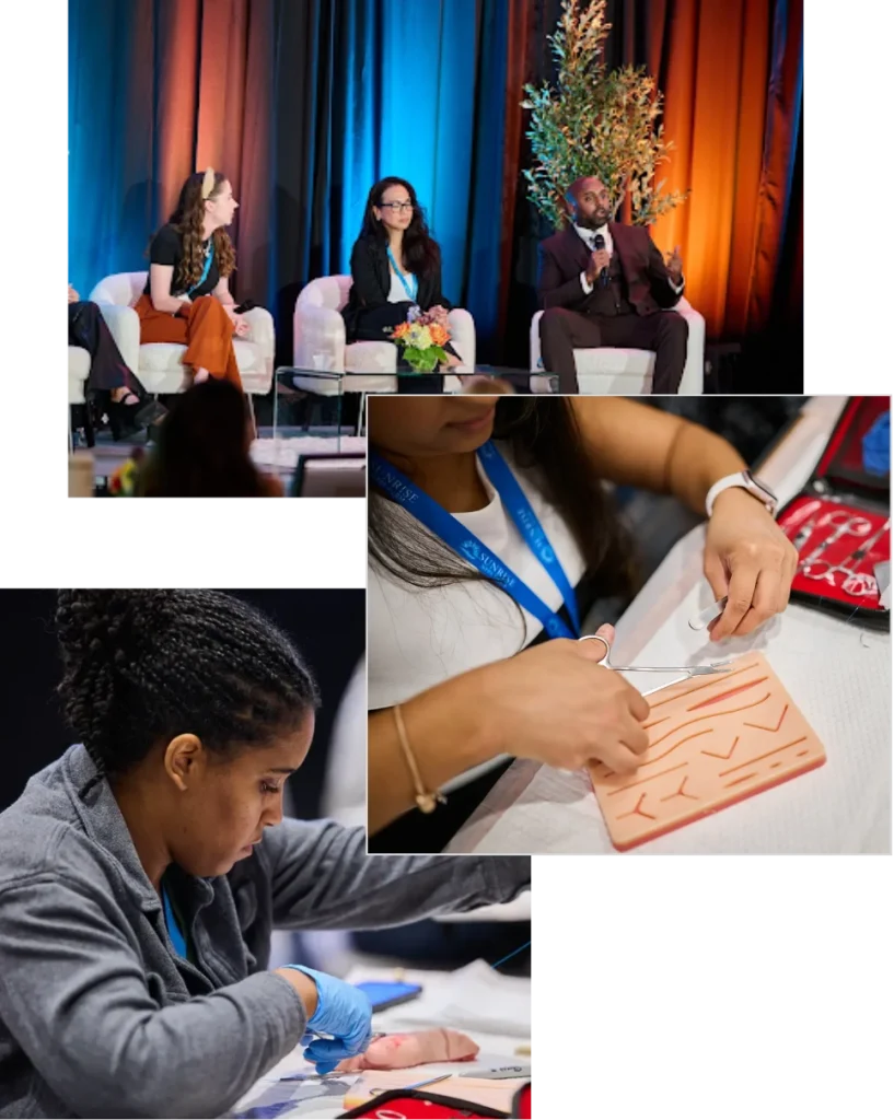 Collage of a Sunrise NPPA Derm panel discussion and attendees practicing suturing and procedural skills on training models.