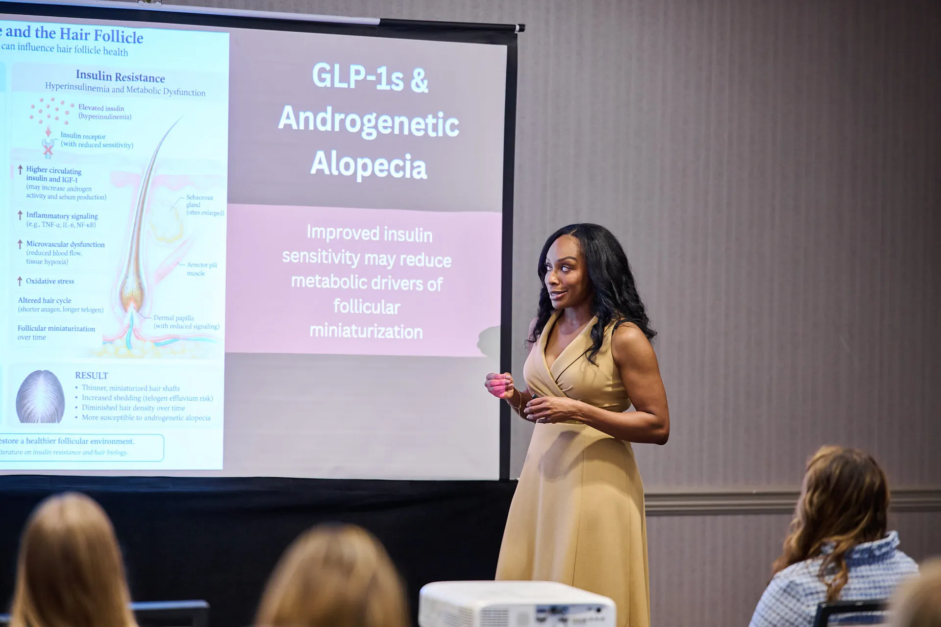 Speaker presenting a slide on GLP-1s and androgenetic alopecia to attendees at a Sunrise NPPA Derm conference.