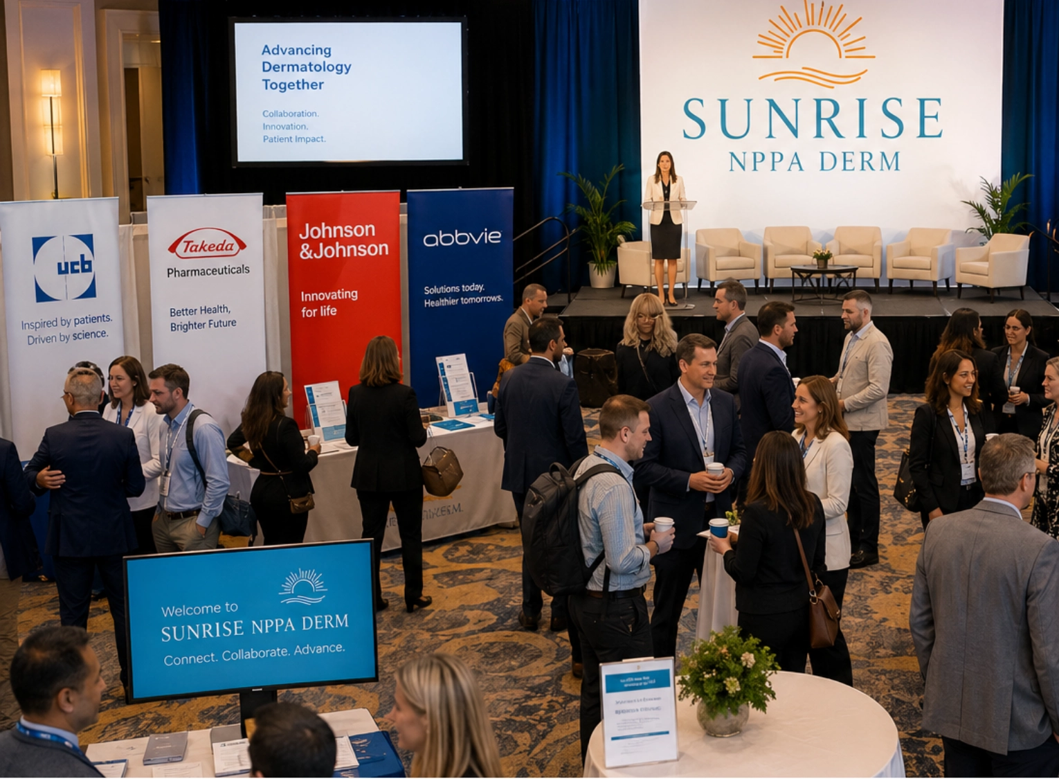 Attendees networking beside exhibitor displays in a conference hall with Sunrise NPPA Derm branding.